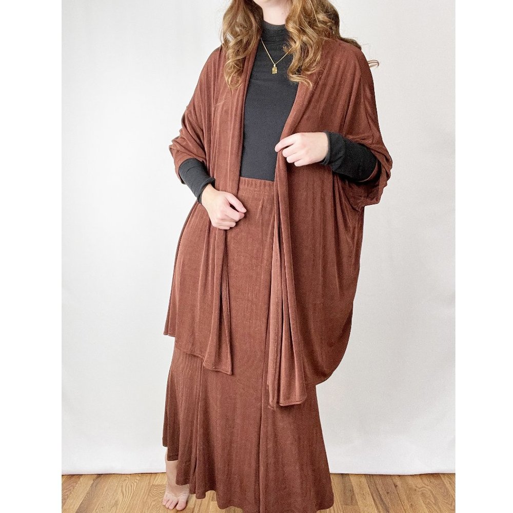 Vintage Chocolate Matching Set Midi Maxi High Rise Skirt Open Duster Cardigan - Picture 3 of 6